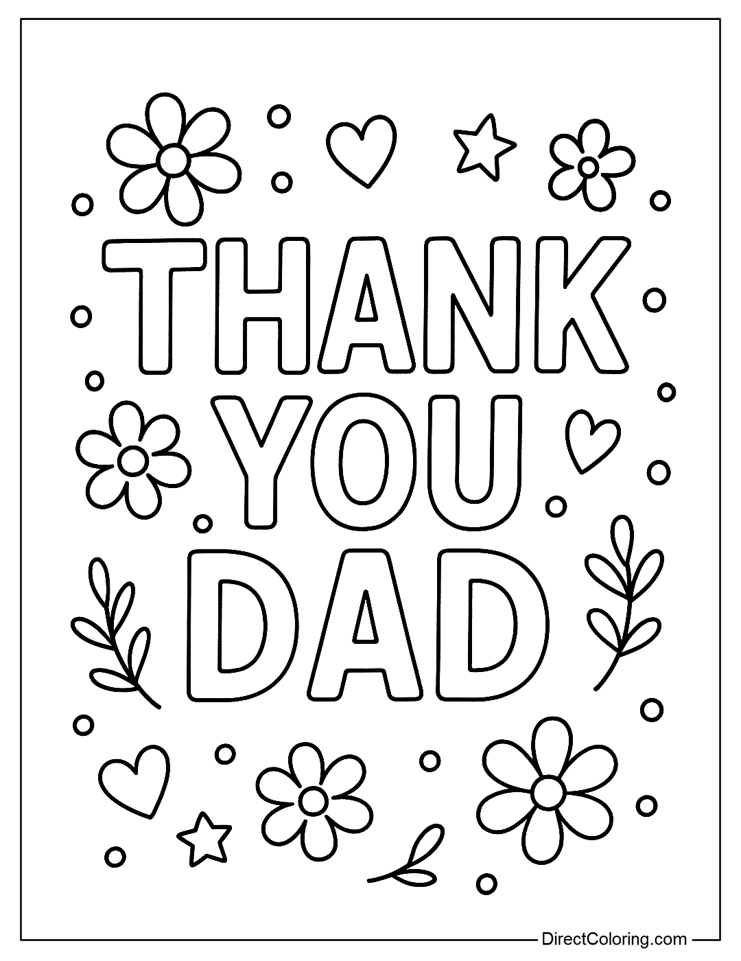 A white line of text “Thank You Dad” with flowers, hearts, and stars coloring page